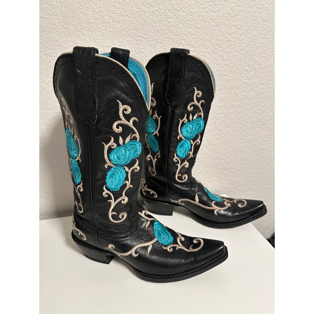 Ariat Corazon Shattered Black Turquoise Rose Cowgirl Boots Womens 8.5 B 10008763